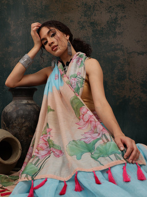 SILK ZONE Digital Print Chanderi Cotton Blend Saree(Blue)