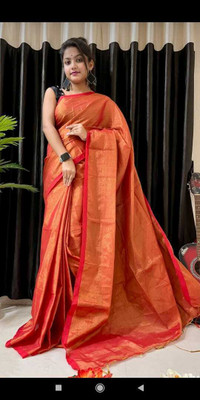 BiswasTextiles Self Design Handloom Cotton Blend Saree(Light Green)