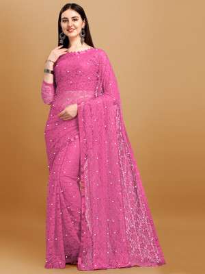 LOROFY Embellished Bollywood Net Saree(Pink)