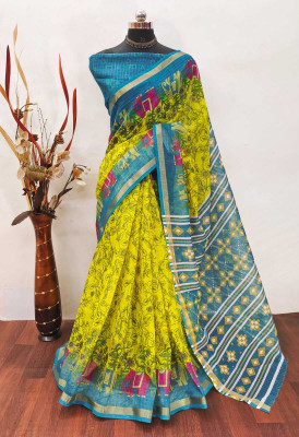 Saaransh Floral Print Kanjivaram Linen, Cotton Silk Saree(Yellow)