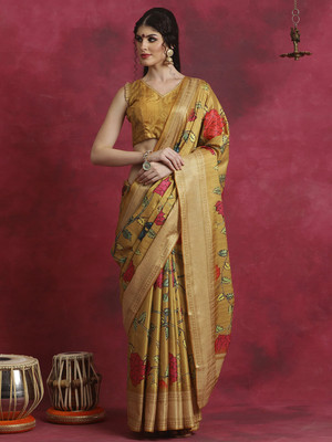Tasrika Printed Daily Wear Cotton Blend Saree(Mustard)