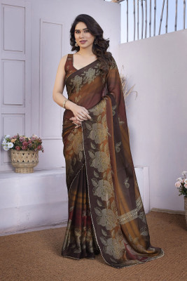 MIRCHI FASHION Floral Print Daily Wear Chiffon, Georgette Saree(Brown)