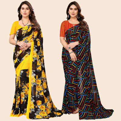 kashvi sarees Self Design, Printed Daily Wear Georgette Saree(Pack of 2, Yellow, Black, Multicolor)