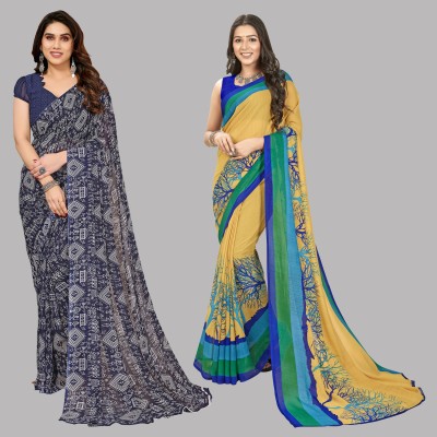 Anand Sarees Printed Bollywood Georgette Saree(Pack of 2, Beige, Green, Blue)