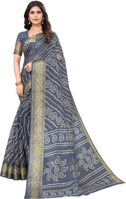 Nirvaan Printed Bandhani Linen Saree(Grey)