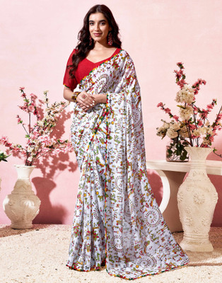Samah Printed, Embellished Daily Wear Georgette Saree(White)