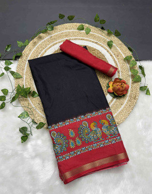 RegalDrapes Printed Kalamkari Cotton Silk Saree(Black)
