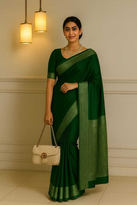 Tilfelle Solid/Plain, Woven, Self Design Banarasi Satin Saree(Green)