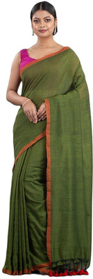 Joyguru Textile Self Design Handloom Cotton Blend Saree(Dark Green)