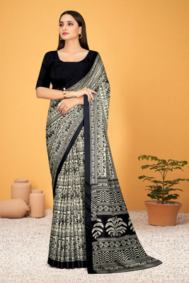 RadhikaFashion Printed Bollywood Silk Blend Saree(Black, White)