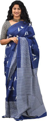 Kiaaron Printed Ikkat Pure Cotton Saree(Blue)