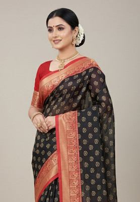 Anugrah Textile Printed Banarasi Lycra Blend, Chiffon Saree(Black, Red)