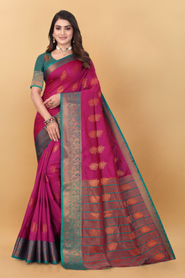 HK Trading Woven Bhagalpuri Silk Blend, Dupion Silk Saree(Magenta)