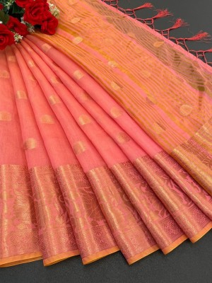 GOGAJI COLLECTION Temple Border, Striped, Geometric Print, Woven Assam Silk Pure Silk, Cotton Silk Saree(Pink)