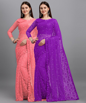 LOROFY Self Design Bollywood Net Saree(Pack of 2, Purple, Pink)