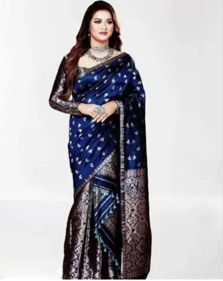 khodalenteprise Digital Print Mekhela Chador Cotton Blend Saree(Dark Blue)