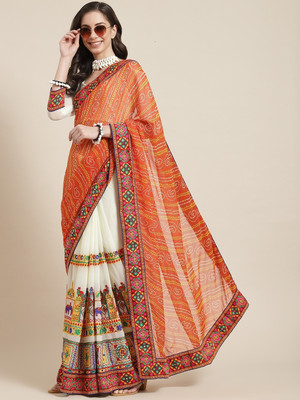 Tasrika Self Design, Embroidered Bandhani Georgette Saree(Orange, Beige)