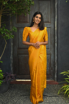 Anjaneya Sarees Woven Banarasi Silk Blend Saree(Yellow)