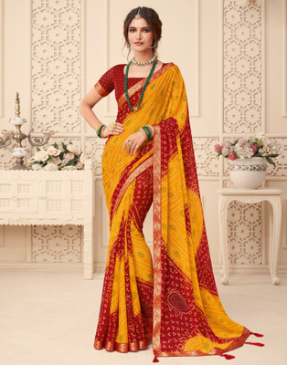 Satrani Geometric Print, Printed, Embellished Bollywood Chiffon, Georgette Saree(Red, Yellow)