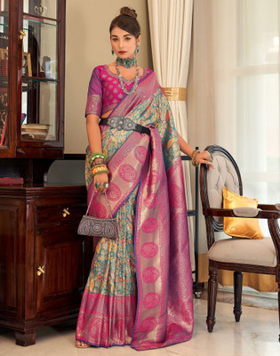 Satrani Woven, Embellished, Self Design Paithani Art Silk Saree(Light Blue, Pink, Multicolor)