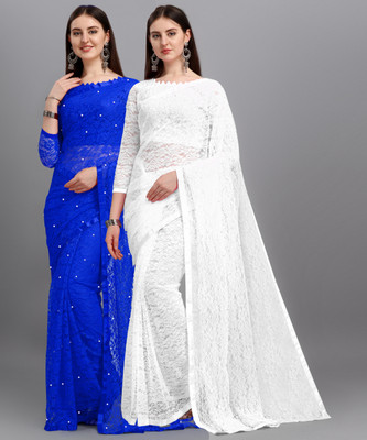 LOROFY Self Design Bollywood Net Saree(Pack of 2, White, Blue)