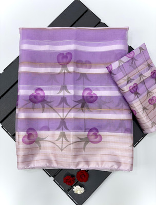 SDGRATITUDE Striped, Printed Daily Wear Georgette, Cotton Blend Saree(Purple)