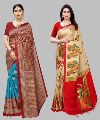 ANIRAV Printed, Paisley, Floral Print Kalamkari Art Silk Saree(Pack of 2, Light Green, Brown)