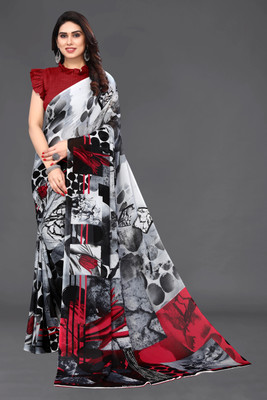 Sareezaa Printed, Ombre, Floral Print Bollywood Georgette Saree(Grey, Red)
