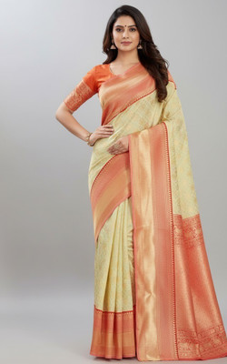 MADHAV Printed Kanjivaram Linen Saree(Yellow, Orange)
