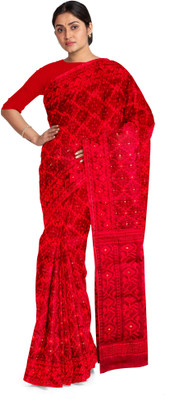 City and Country Self Design Jamdani Pure Cotton Saree(Red)