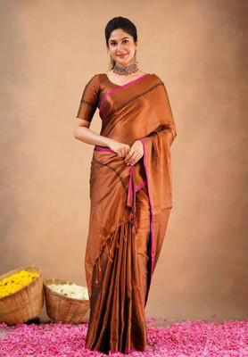 Lakshmi Boutique Self Design Handloom Handloom Tissue Saree(Brown)
