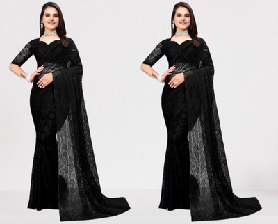Vragi Self Design Bollywood Net Saree(Pack of 2, Black)