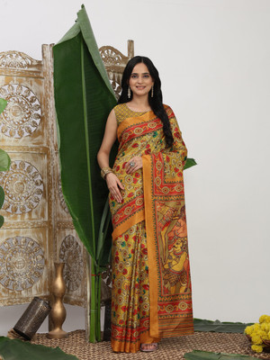 SCFO Digital Print Saree with Attached Blouse Tussar Silk Saree(Yellow)