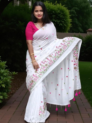 SMRITI BOUTIQUE Embroidered Handloom Handloom Pure Cotton Saree(White)