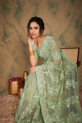 Divastri Embroidered Chanderi Net Saree(Green)