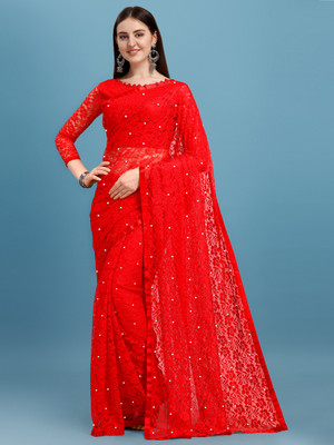 LOROFY Self Design Lucknow Chikankari Net Saree(Red)