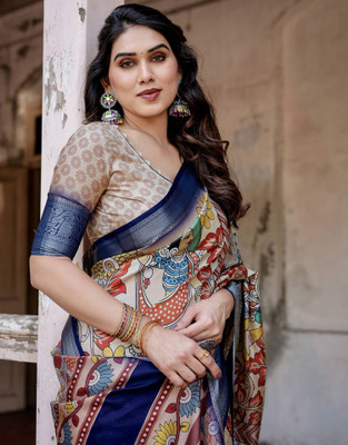 Tasrika Printed, Woven, Embellished Kalamkari Tussar Silk Saree(White)