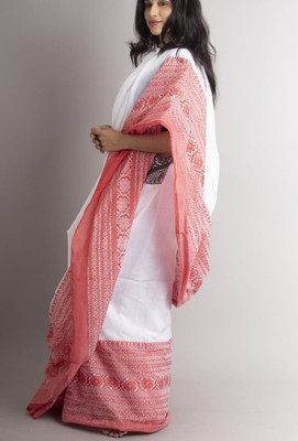 SAYAN CREATION Self Design Handloom Pure Cotton Saree(White)