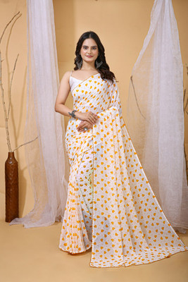 CLOTHFLY CREATION Printed, Polka Print Bollywood Georgette Saree(White)