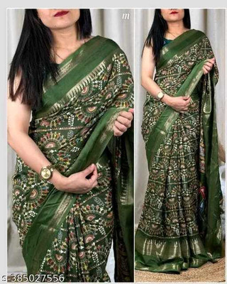 SILK VISTA Floral Print Daily Wear Silk Blend Saree(Green)