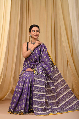 COTTON MULMUL STORE Printed, Striped Daily Wear Pure Cotton Saree(Purple)