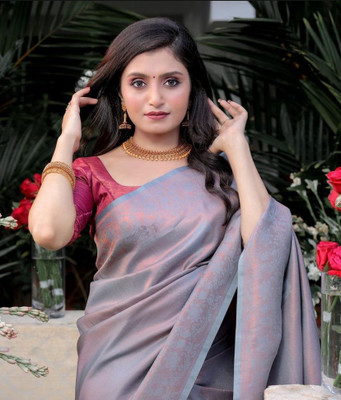 Rudr Venture Digital Print Banarasi Jacquard Saree(Grey)
