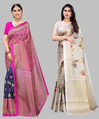 Nirvaan Printed, Paisley, Floral Print Kalamkari Art Silk Saree(Pack of 2, Blue, Grey)