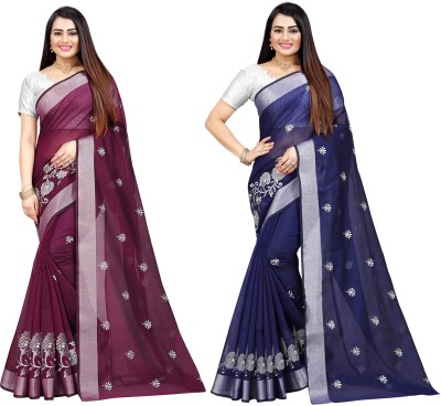 Indian Fashionista Embroidered Bollywood Cotton Silk Saree(Pack of 2, Blue)