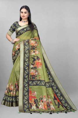 supalee tex Digital Print Bollywood Cotton Linen Saree(Green)