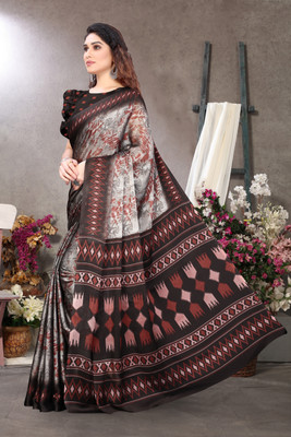 MIRCHI FASHION Printed, Floral Print Kalamkari Chiffon, Georgette Saree(Brown, Orange)