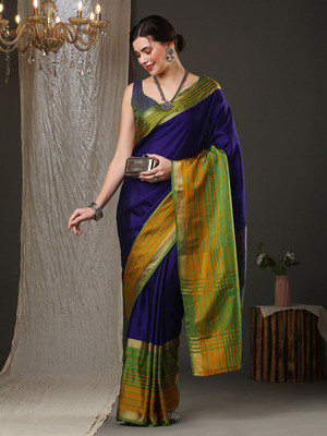 ANOUK Solid/Plain Daily Wear Silk Blend Saree(Blue)