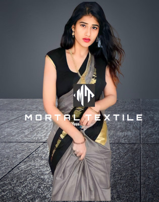 Mortal Textile Printed Handloom Cotton Silk Saree(Dark Blue)