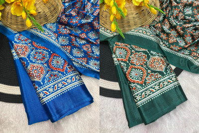 Clever Clothing Blocked Printed, Paisley, Printed Bollywood Silk Blend, Dupion Silk Saree(Pack of 2, Dark Blue, Dark Green)