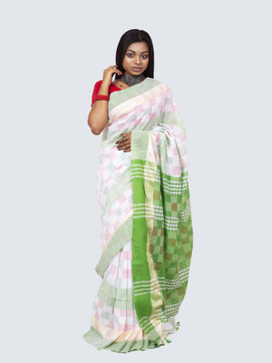 AngaShobha Checkered Bandhani Cotton Blend Saree(White)